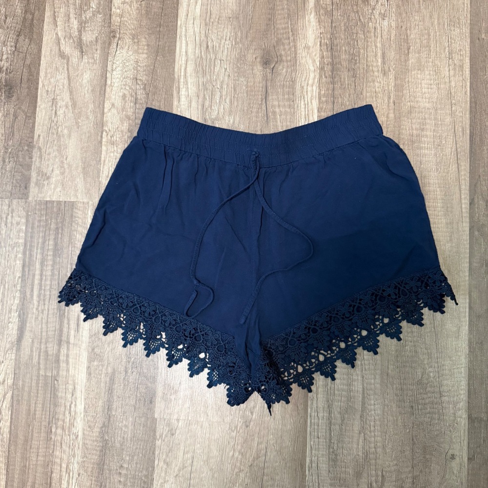 Ambiance Apparel Navy Blue Crochet Lace Trim Rayon Shorts Women's Medium